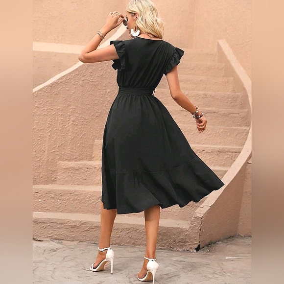 New Boho Ruffle Wrap Dress High Low Black - Picture 5 of 8